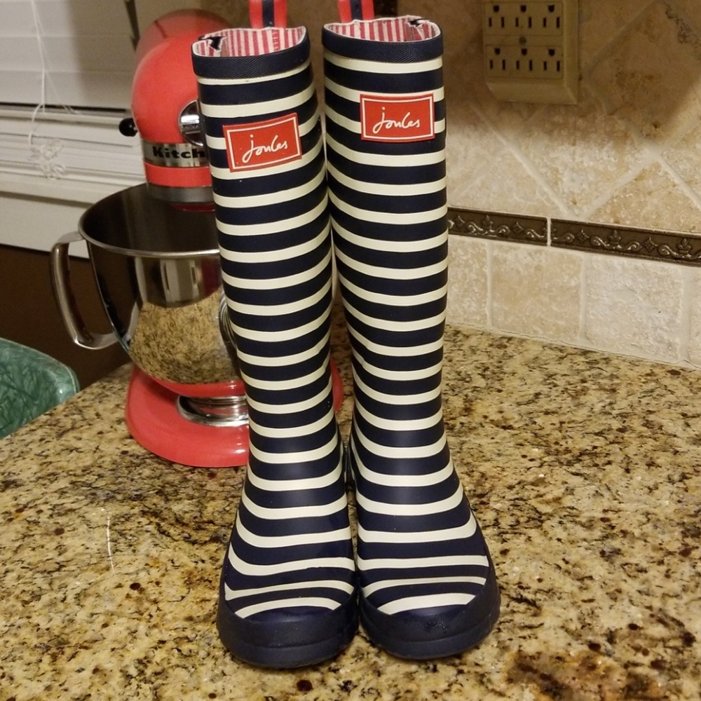 Joules Navy and White Striped Rainboots with Red t